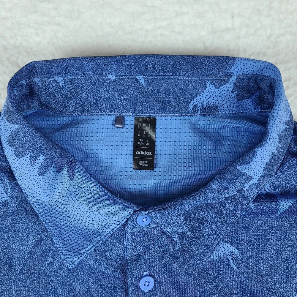 Adidas Polo Shirt Mens XL Blue Floral Breathable Performance Golf Short Sleeve